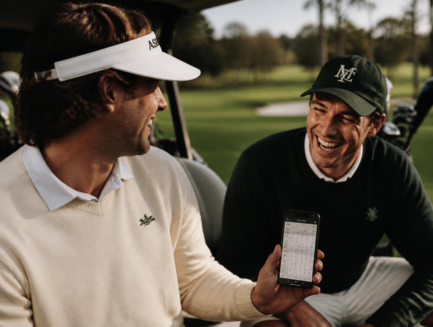 Two golfers laughing in a cart mid-round